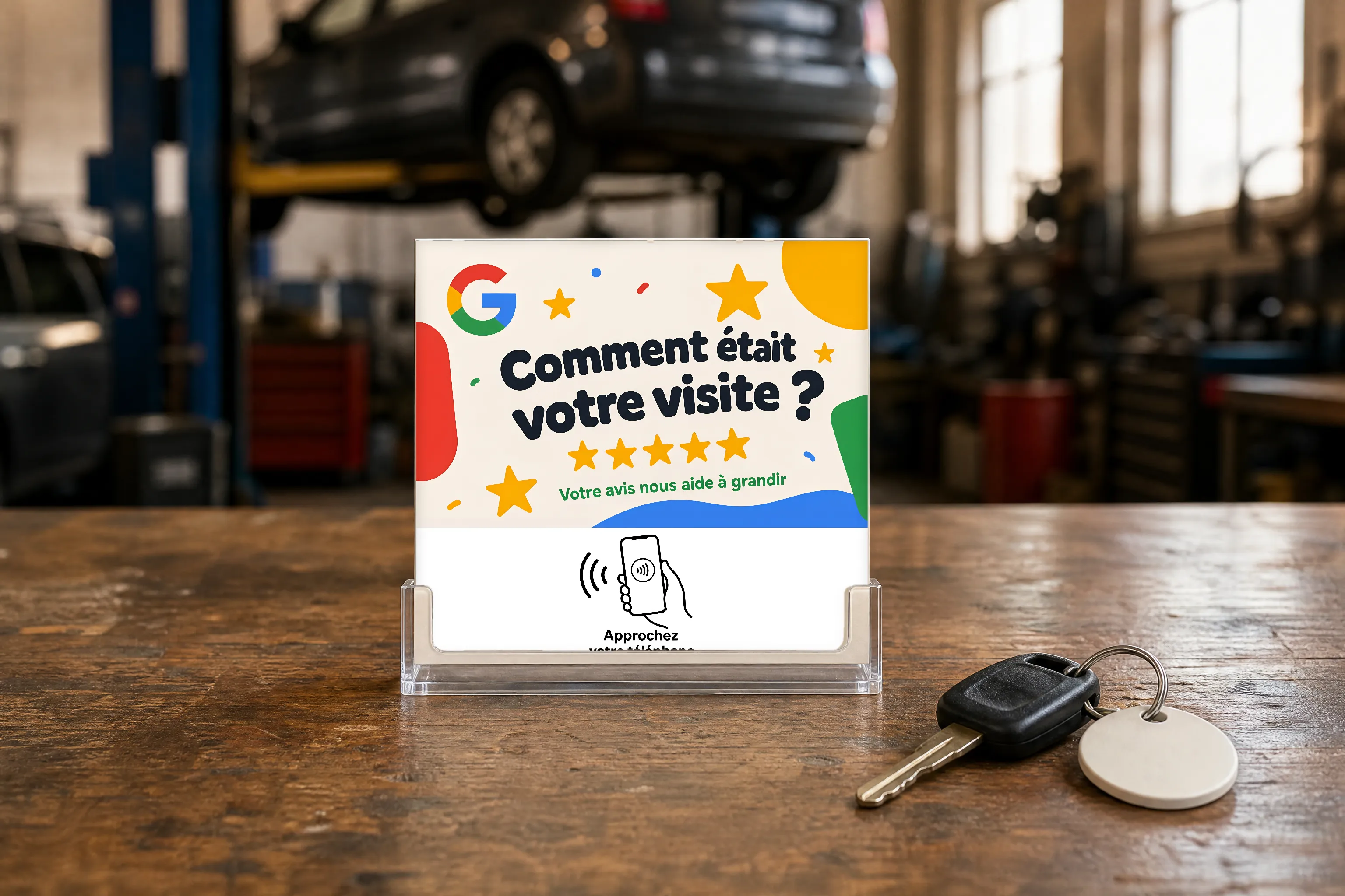 La plaque comptoir Avisdirect sur le comptoir d'un garage, à côté d'un jeu de clés de voiture, atelier en arrière-plan